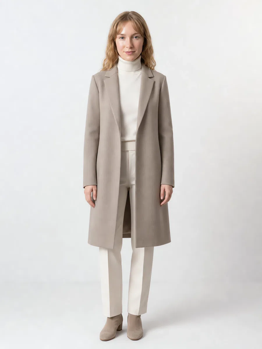 Soft Summer camel coat in muted beige-gray, Fair complexion