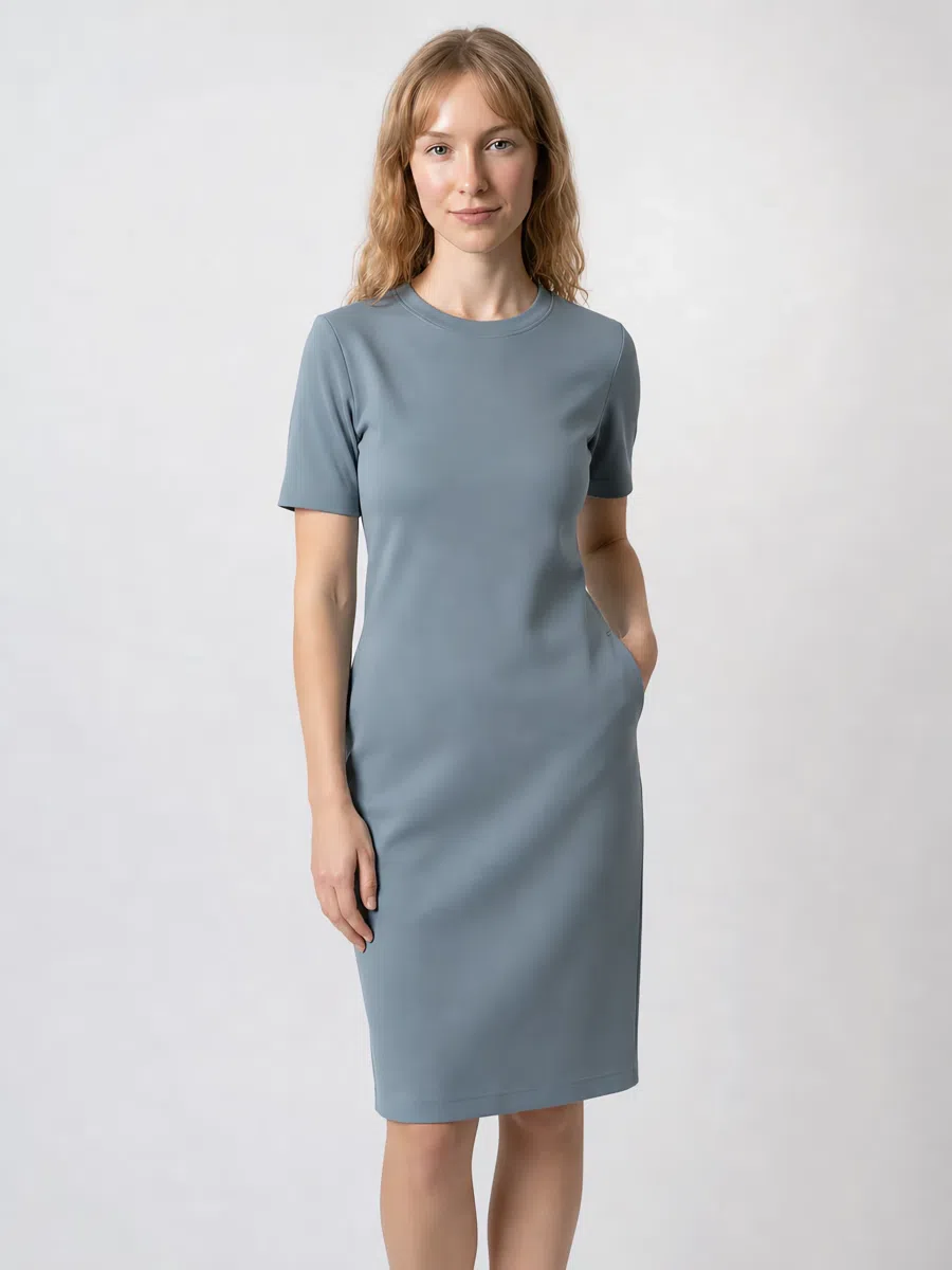 Soft Summer sheath dress in muted gray-blue, Fair complexion