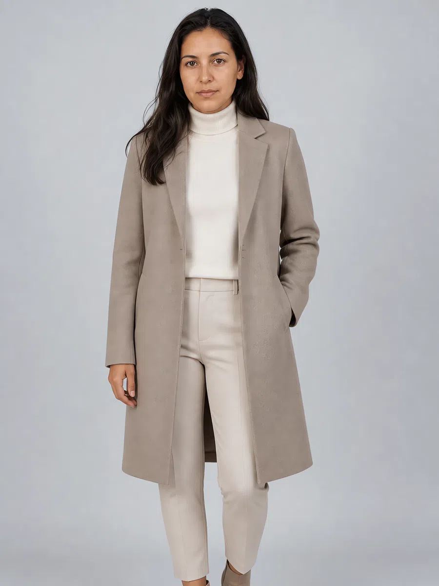 Soft Summer camel coat in muted beige-gray, Medium complexion