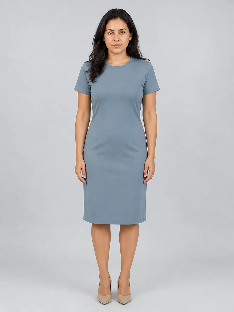 Soft Summer sheath dress in muted gray-blue, Medium complexion