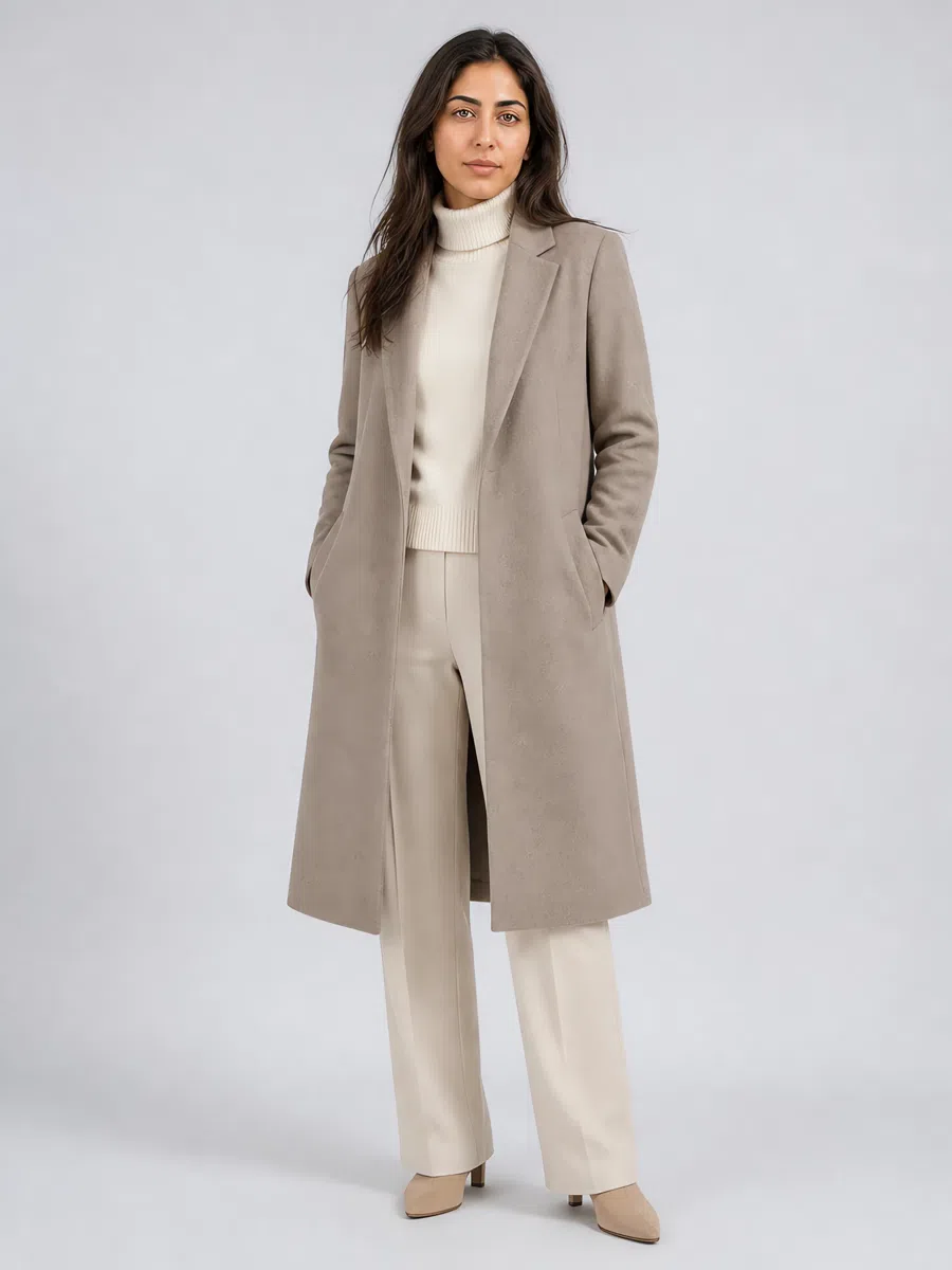 Soft Summer camel coat in muted beige-gray, Light complexion