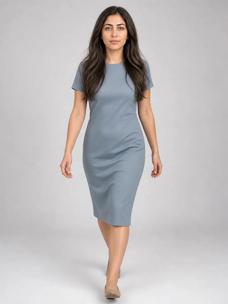 Soft Summer sheath dress in muted gray-blue, Light complexion