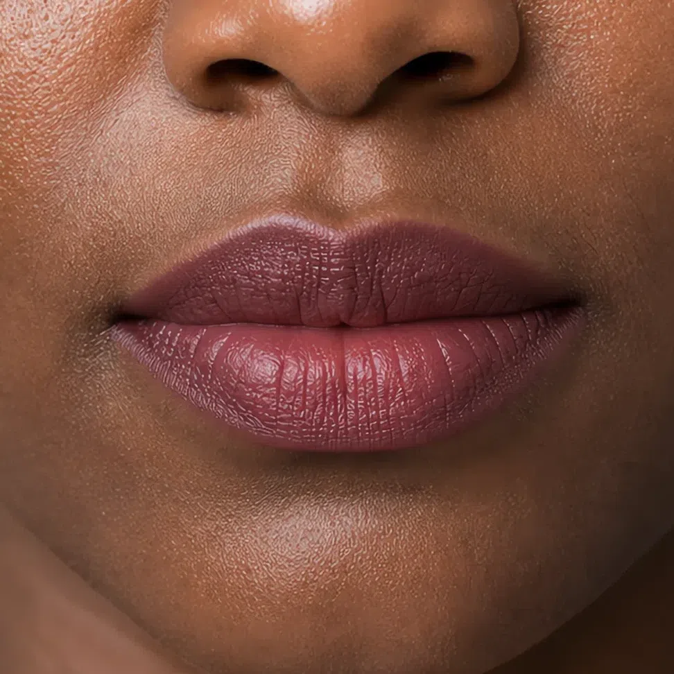 Soft Summer evening lip makeup on a deep complexion
