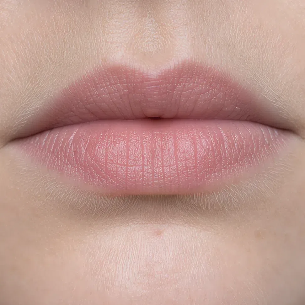Soft Summer daytime lip makeup on a fair complexion