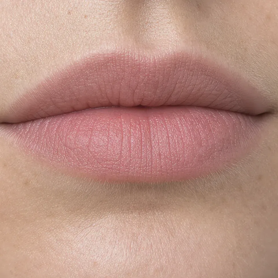 Soft Summer daytime lip makeup on a light complexion