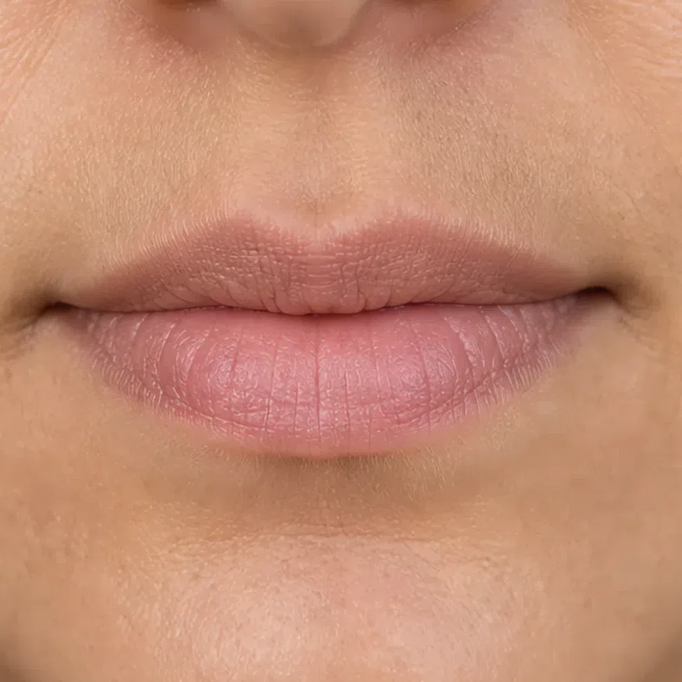 Soft Summer daytime lip makeup on a medium complexion