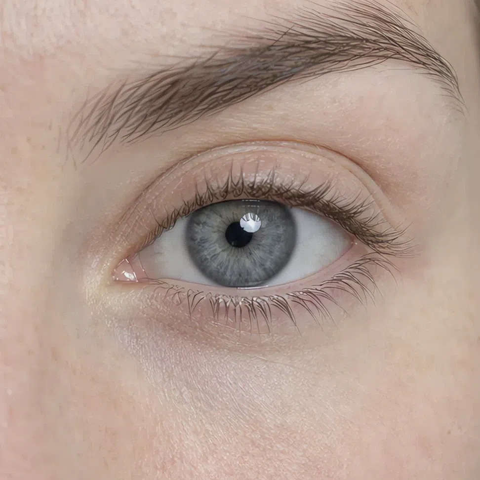 Muted gray-blue Soft Summer eye on fair skin