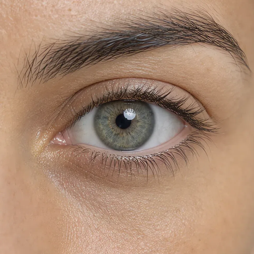 Soft gray-green Soft Summer eye on a light olive complexion