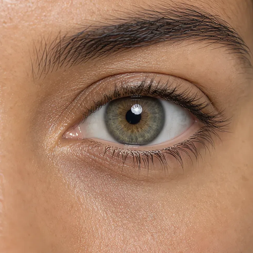 Muted hazel Soft Summer eye on a medium complexion