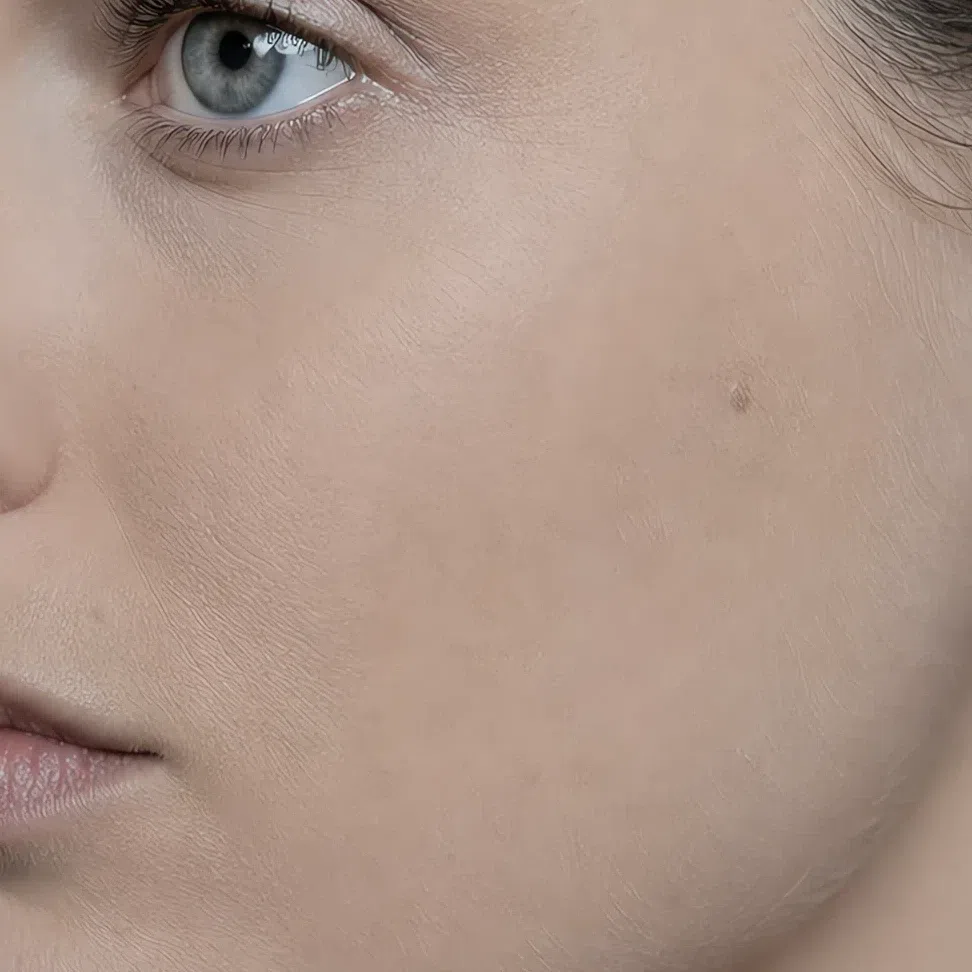 A full matte foundation finish, completely flat with the skin texture flattened out