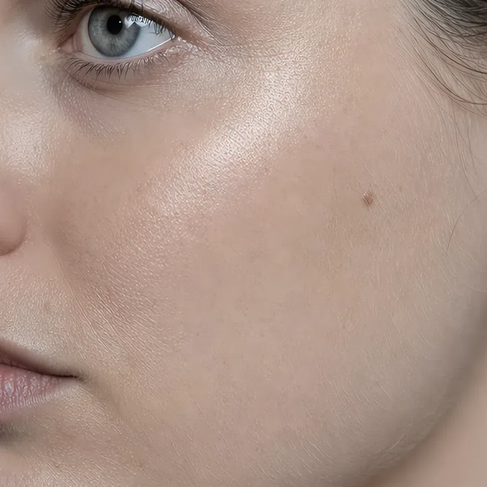 A satin foundation finish with light coming back off the cheekbone and the skin texture still visible