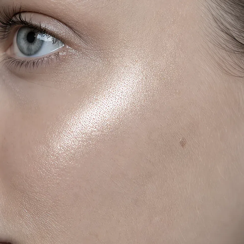 An intense metallic highlighter as a hard bright strip with a defined edge along the cheekbone