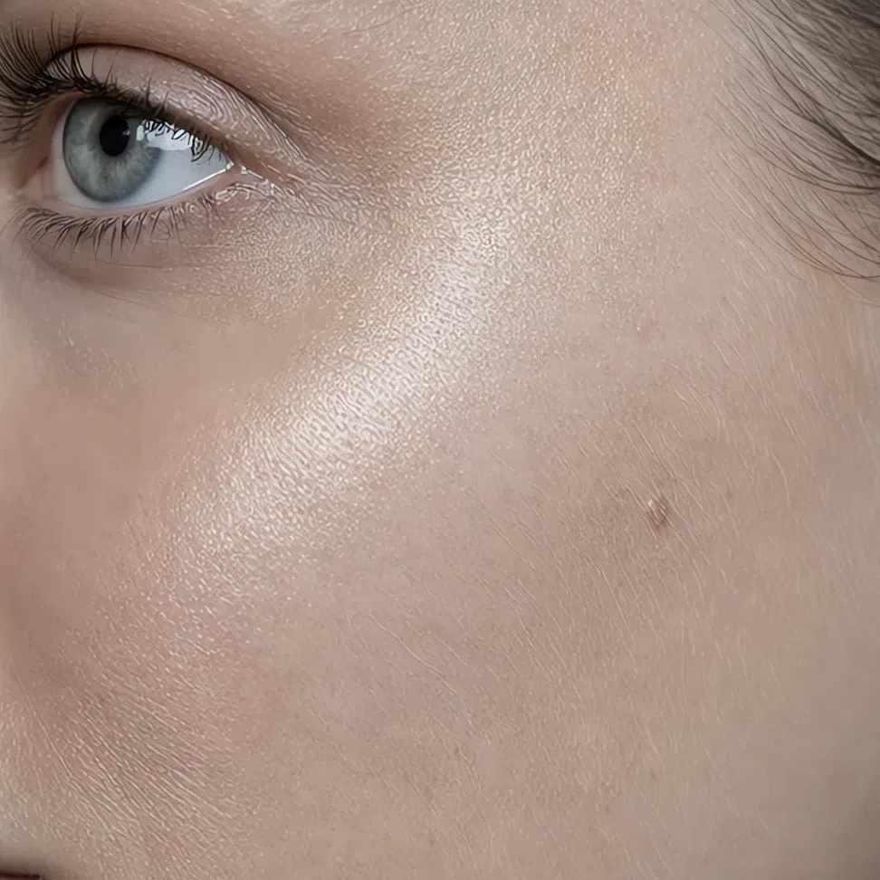 A soft pearl highlighter as a wide diffuse glow along the cheekbone