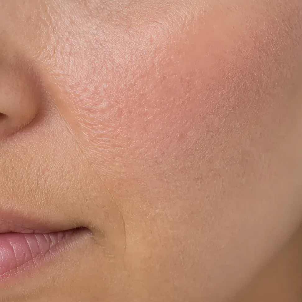Cream blush sunk into the skin with the texture visible through it