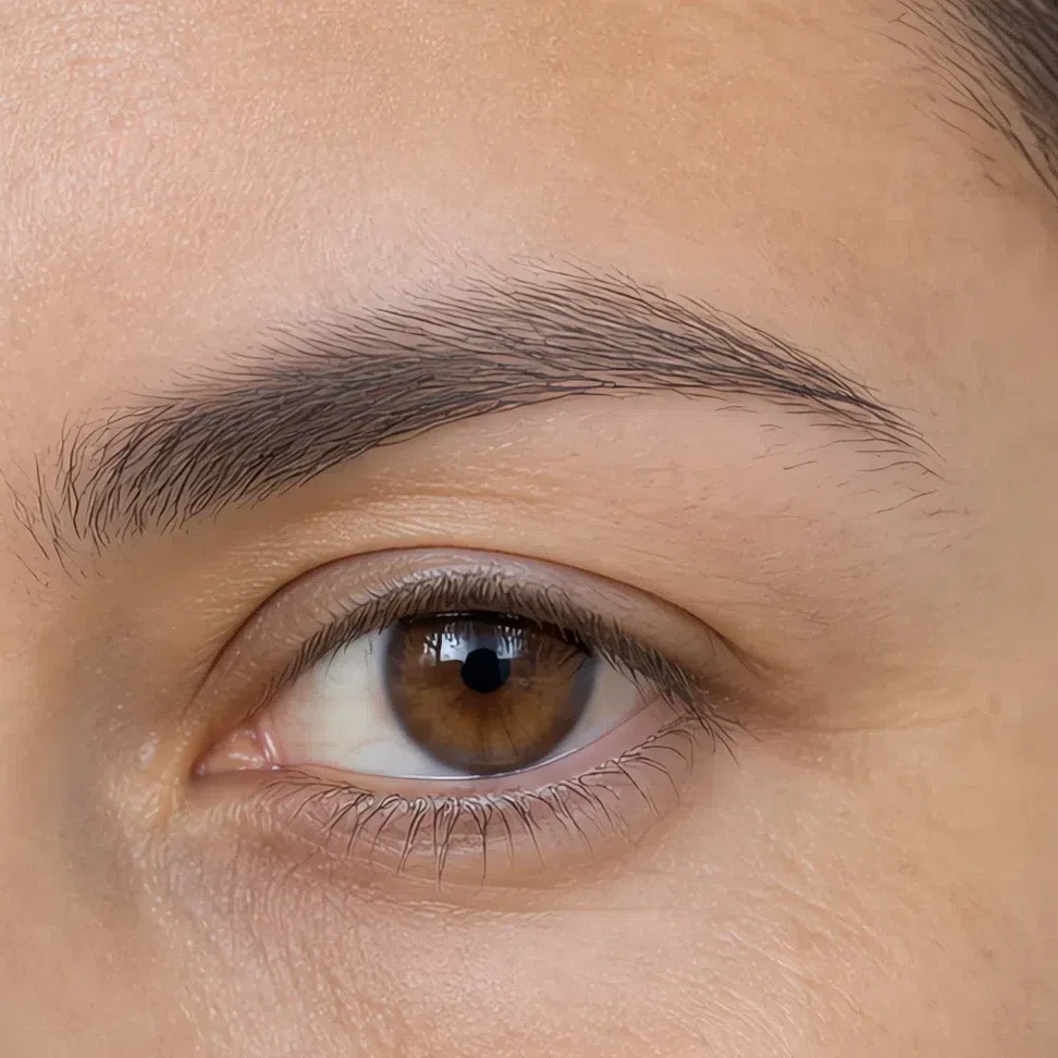 A brow filled with soft matte powder, individual hairs visible and the edge fading out