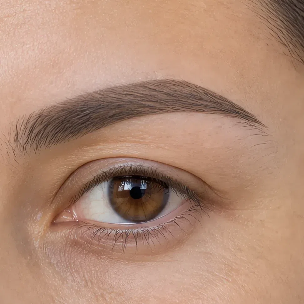 A brow drawn with a waxy pencil, a solid outlined shape with a sheen along the line