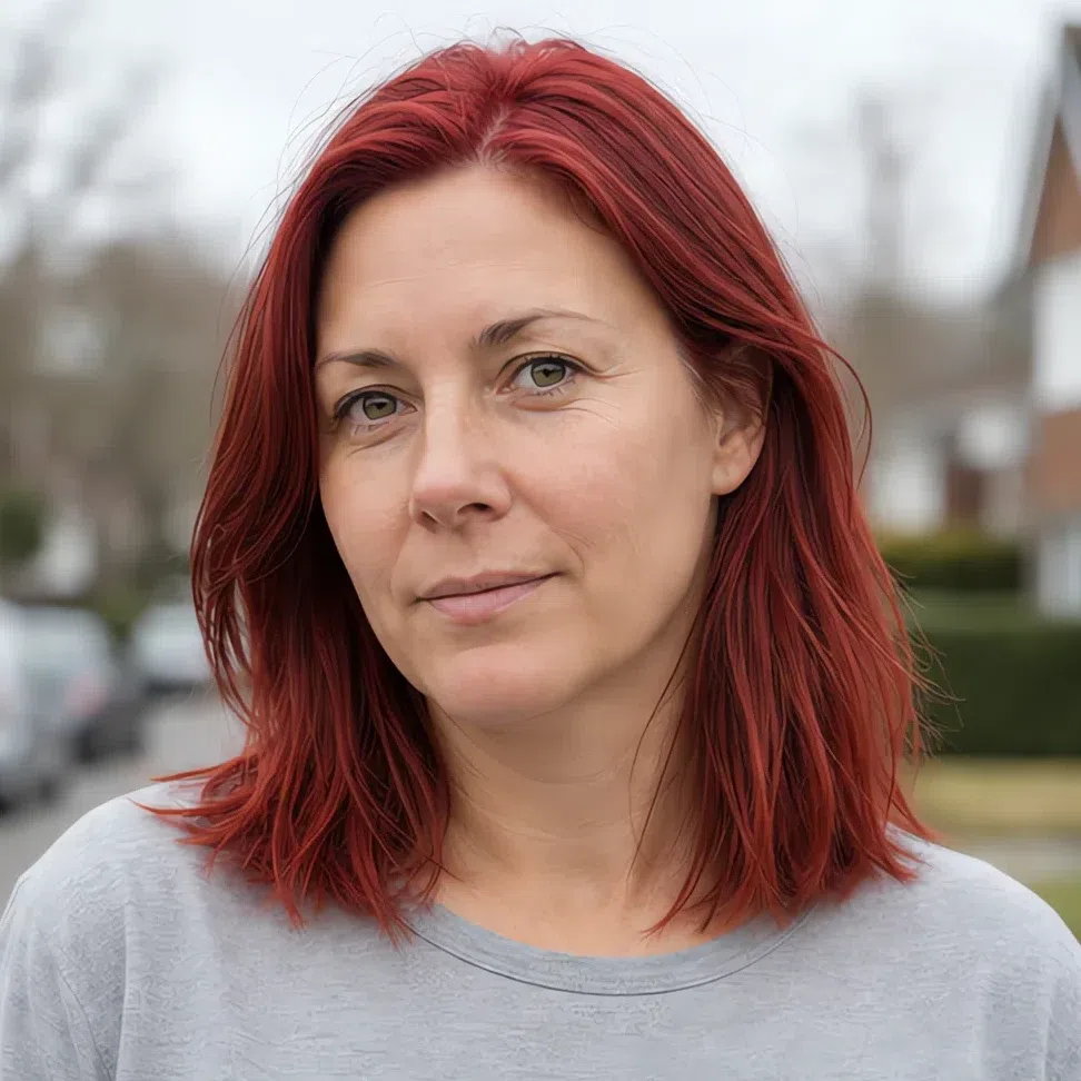 Vivid cherry red hair color on a Soft Summer woman