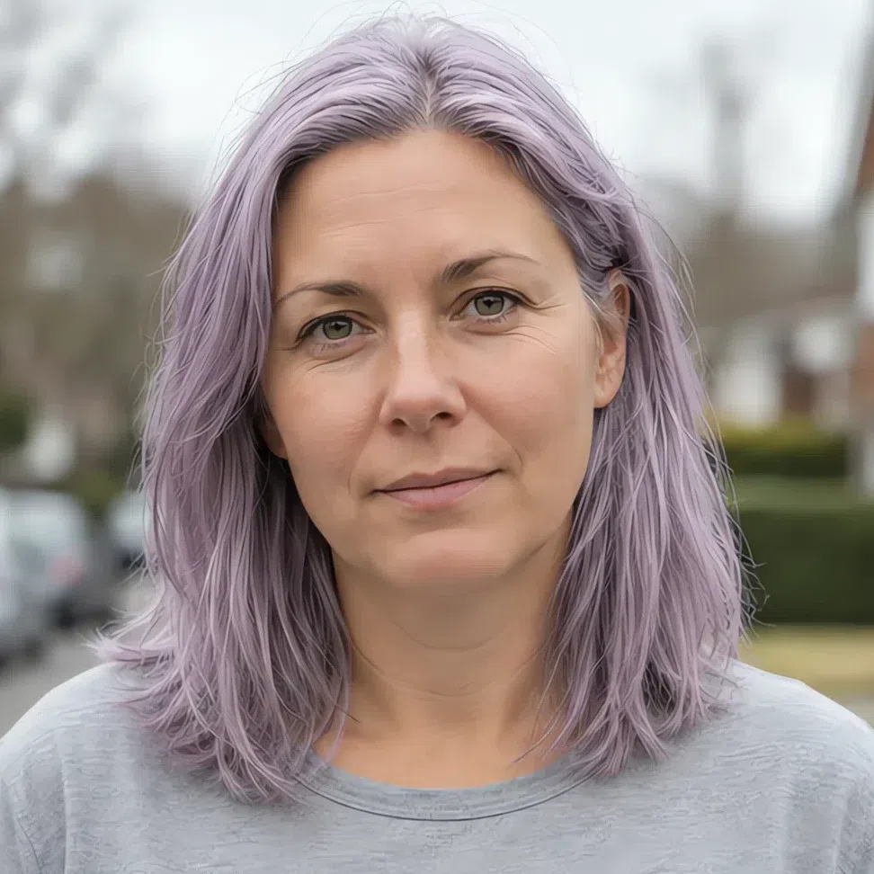 Pastel lavender hair color on a Soft Summer woman