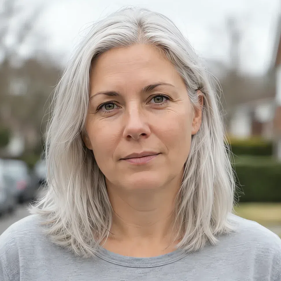 Icy platinum blonde hair color on a Soft Summer woman