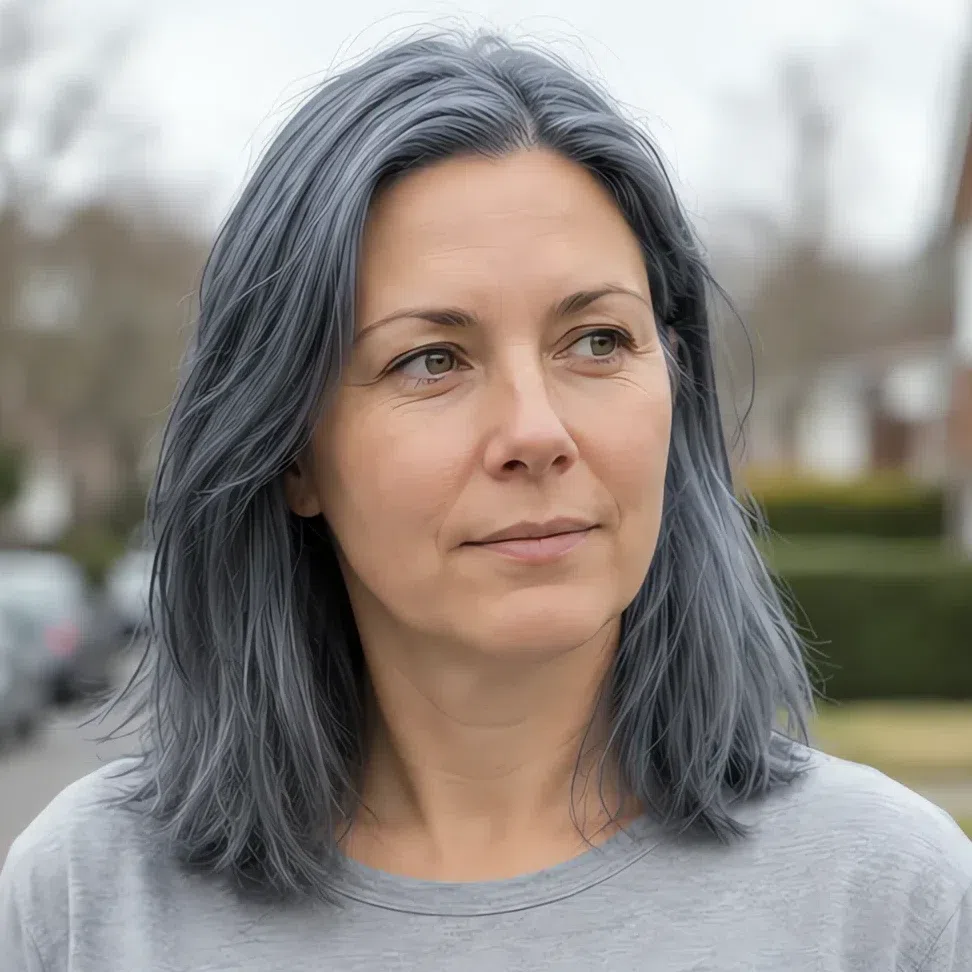 Steel blue-gray hair color on a Soft Summer woman