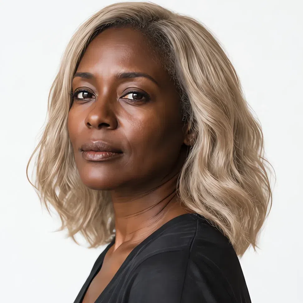 Light beige blonde at level 9 on deep brown skin