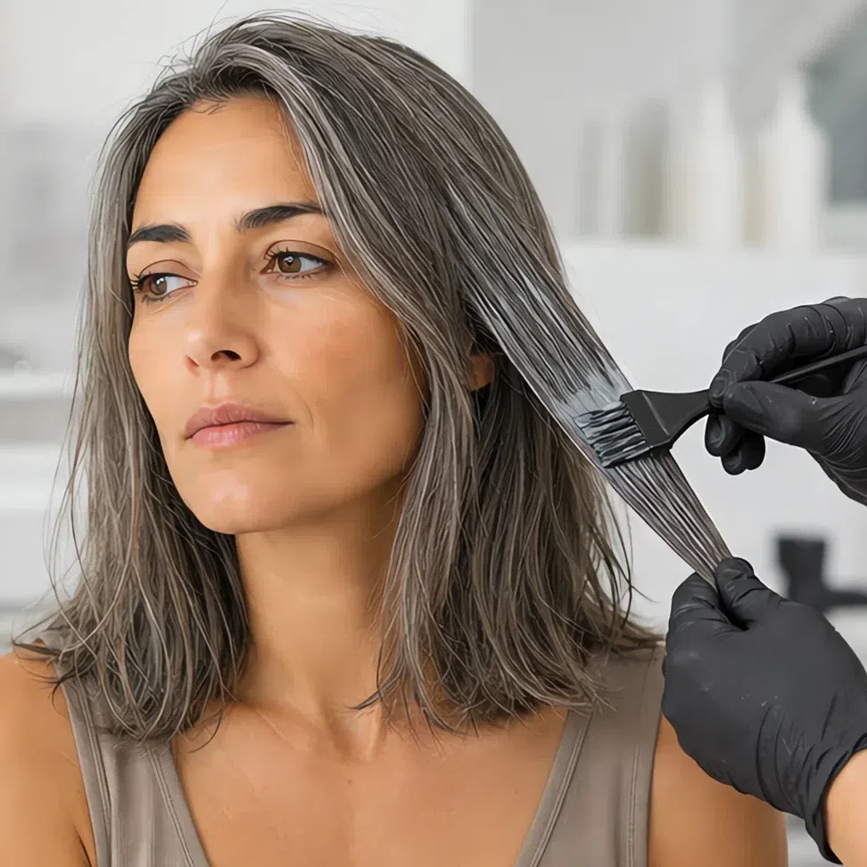 A colorist brushing a clear gloss through a section of a woman's hair in a salon