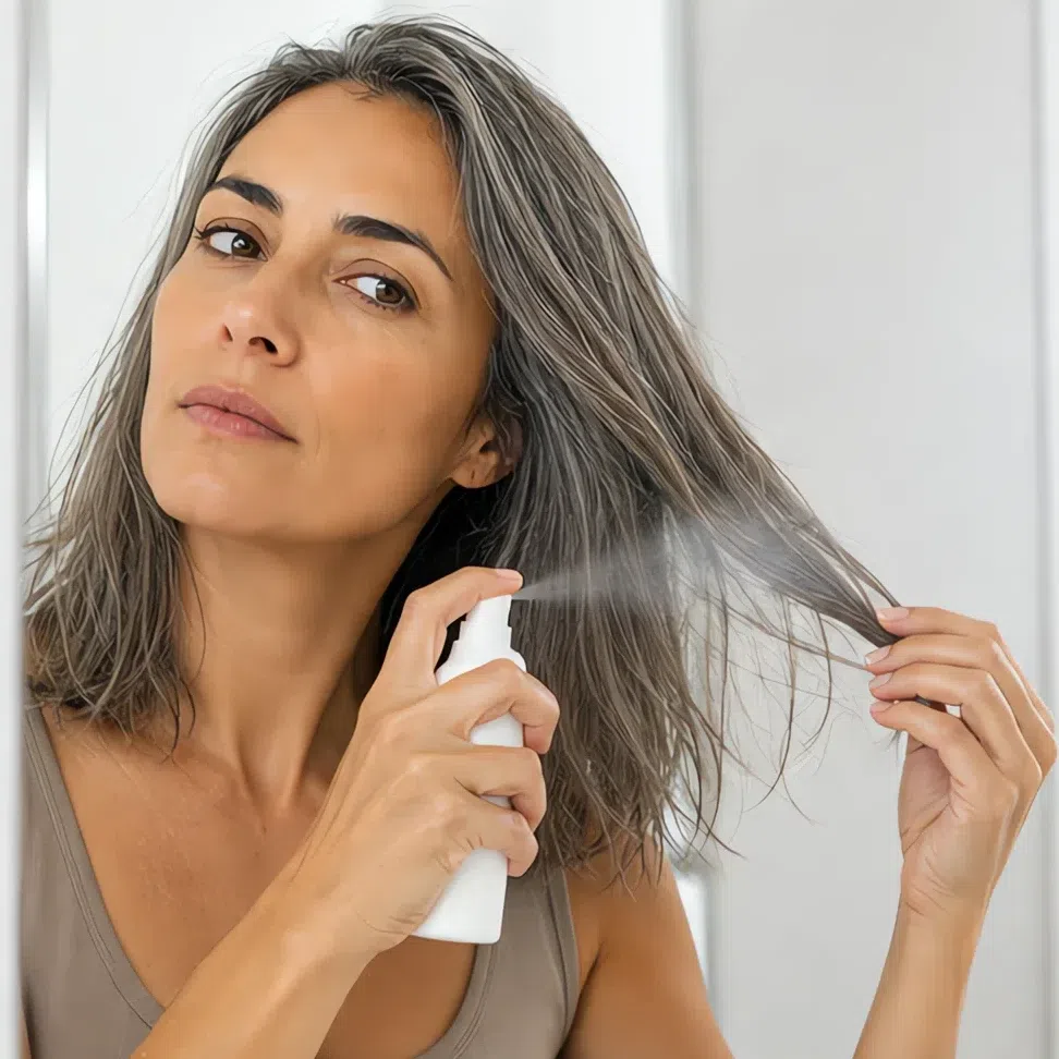 A woman misting heat protectant over the mid-lengths of her own hair