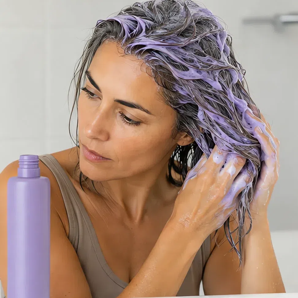 A woman working a violet toning shampoo through her own hair, the lather clearly purple