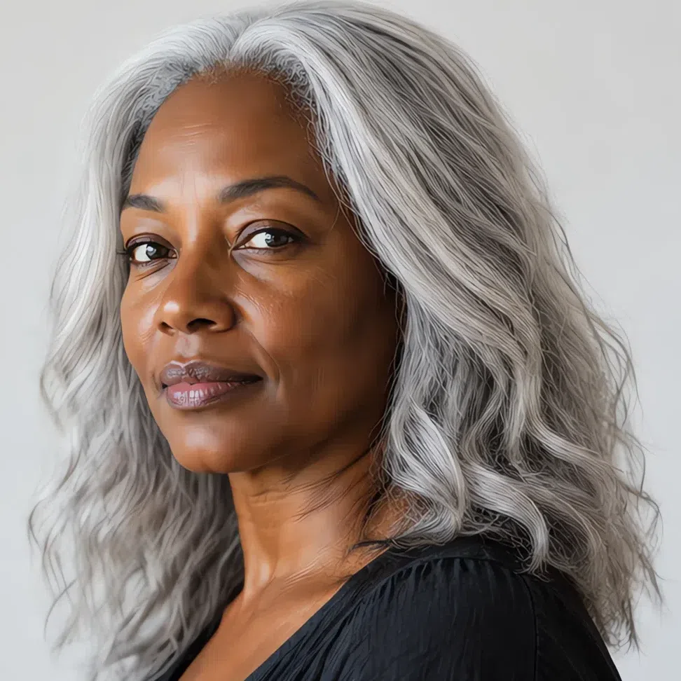 Full cool silver-white hair on deep brown skin