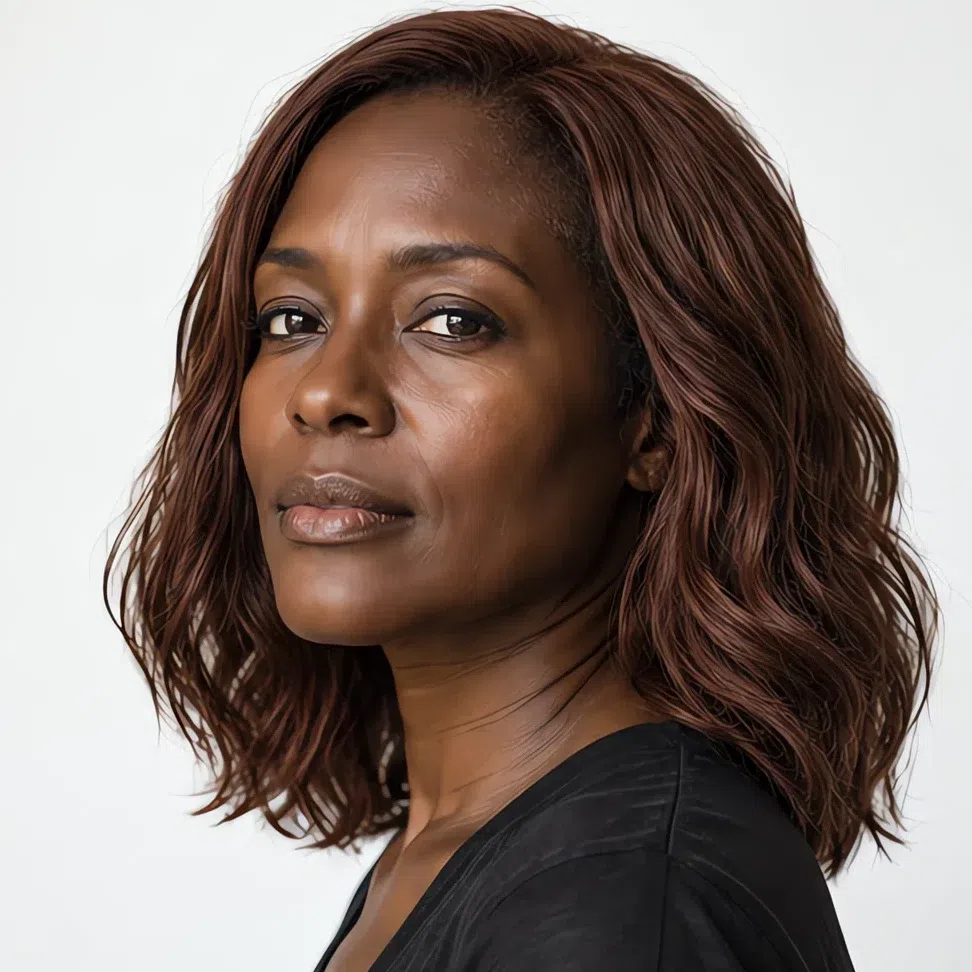 Deep muted auburn hair color on deep brown skin