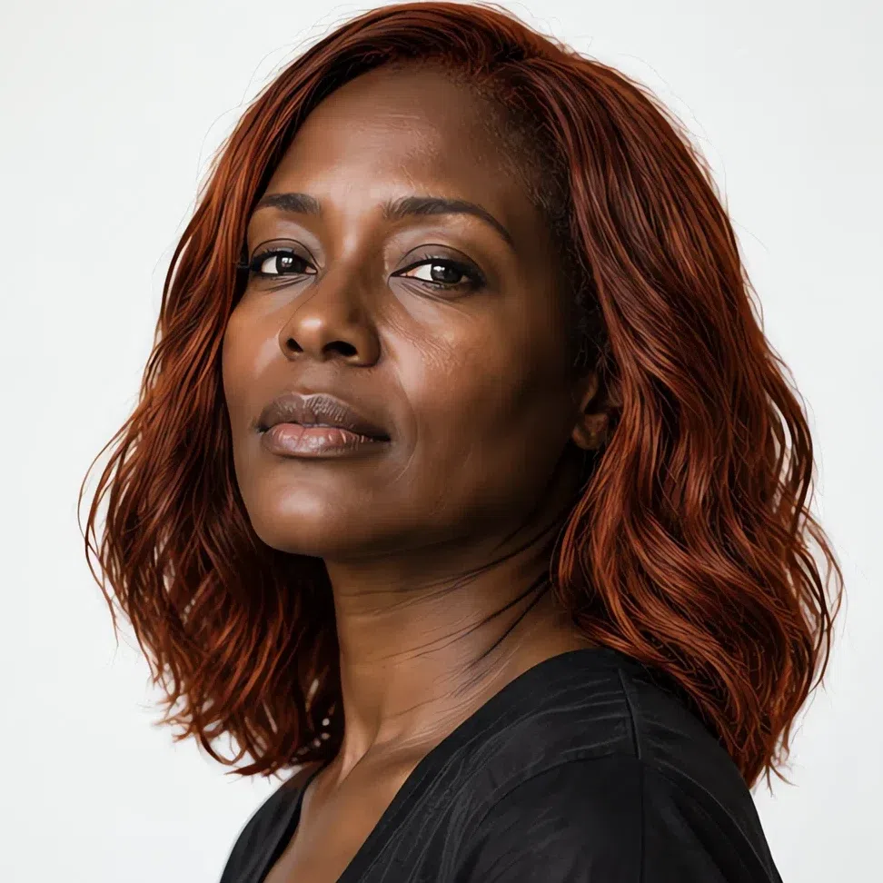 Clear deep copper hair color on deep brown skin