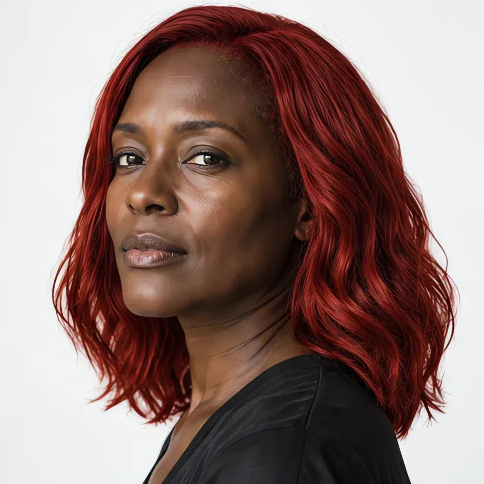 Vivid true red hair color on deep brown skin