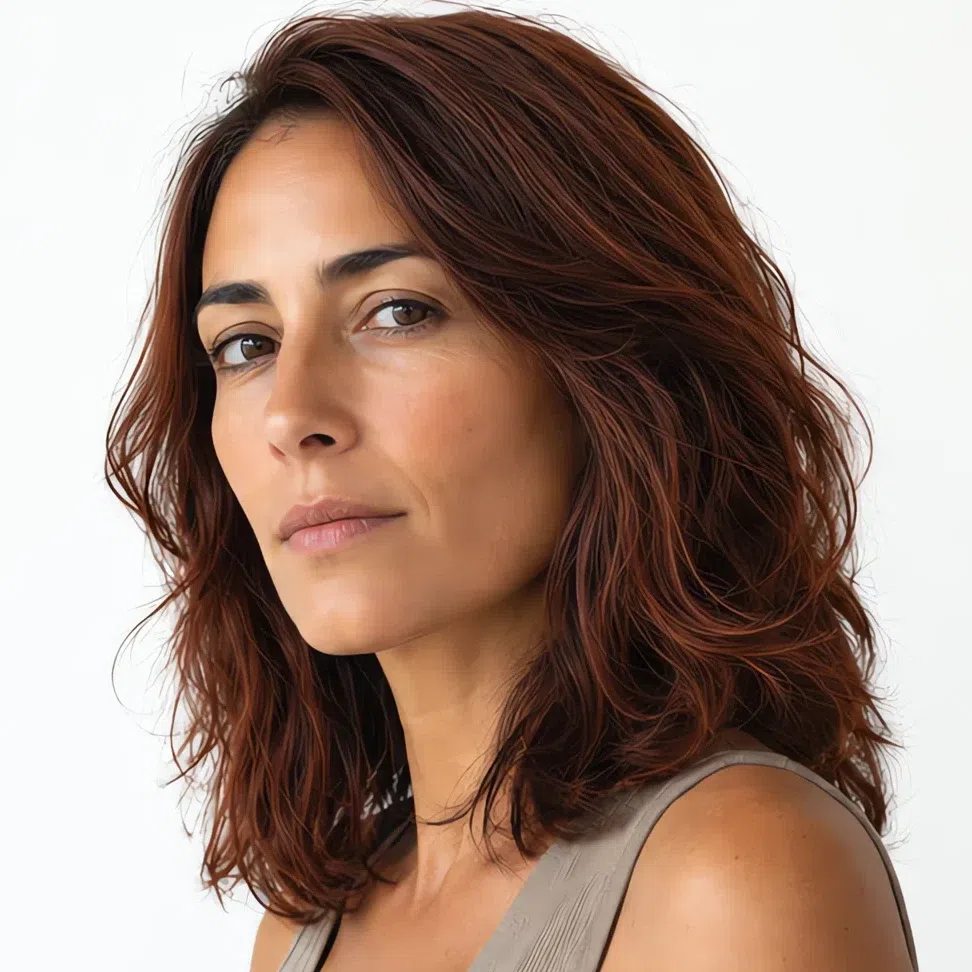 Deep muted auburn hair color on a medium olive complexion
