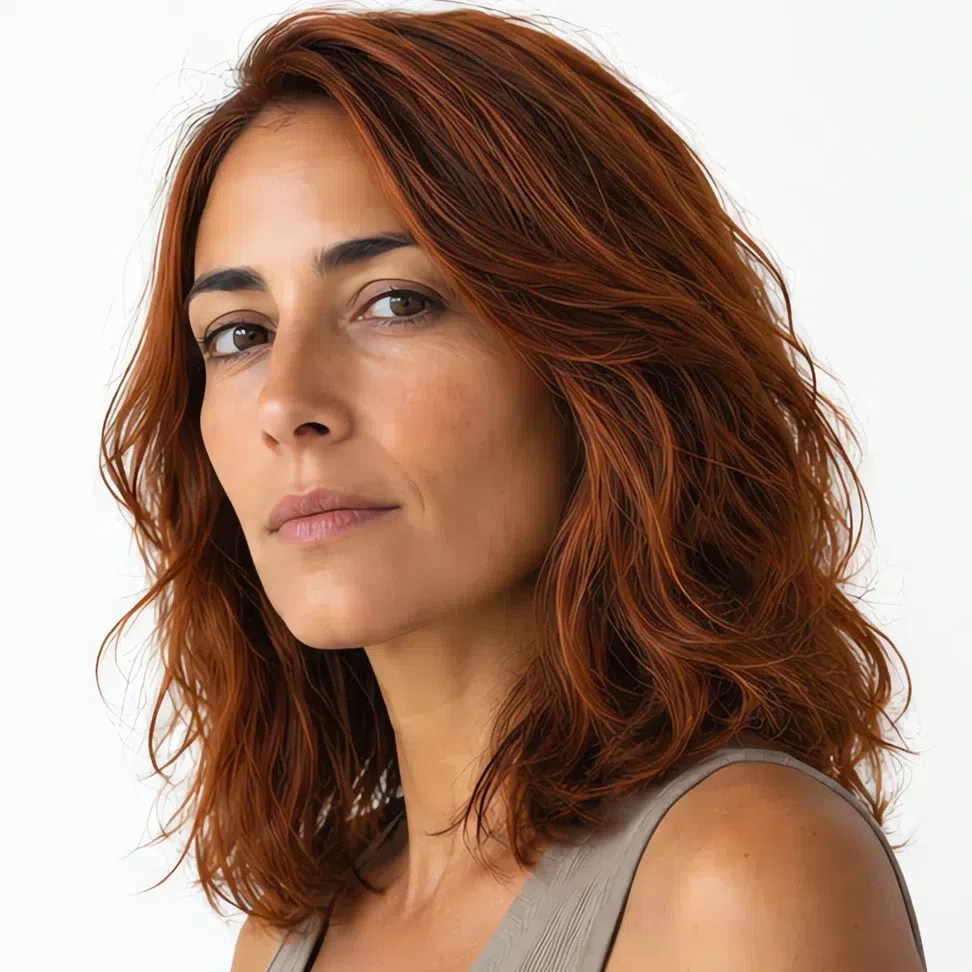 Clear deep copper hair color on a medium olive complexion