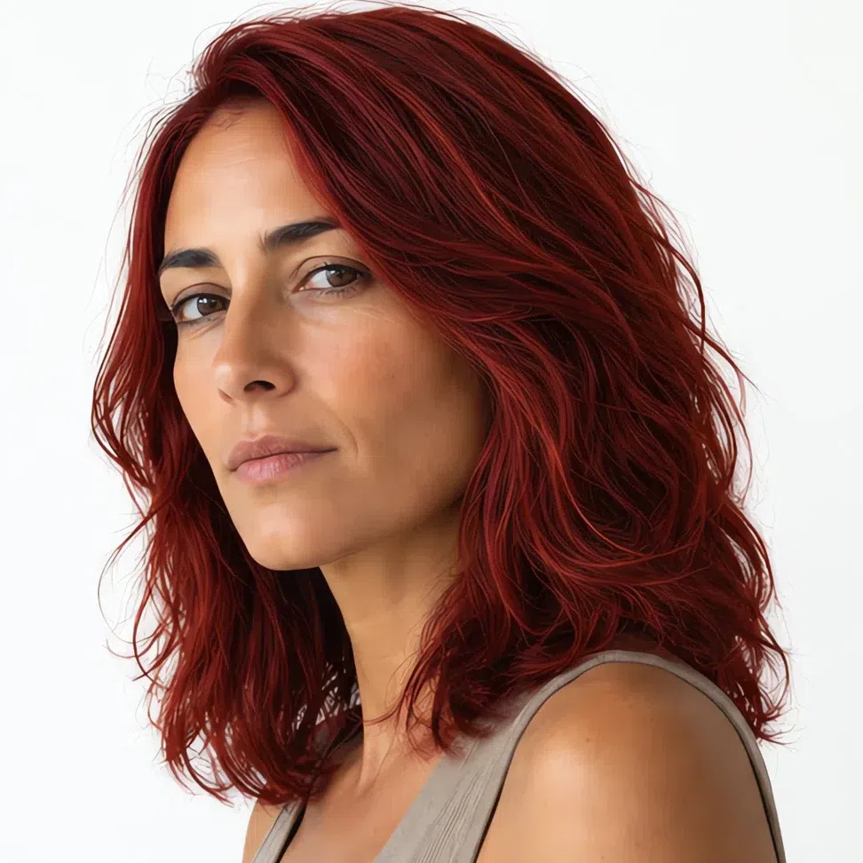 Vivid true red hair color on a medium olive complexion