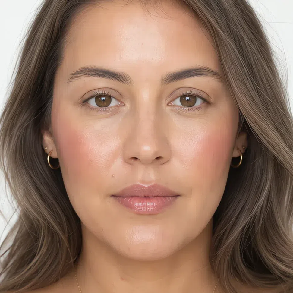 A Soft Summer face wearing five minutes of makeup: base, cream blush and tinted balm