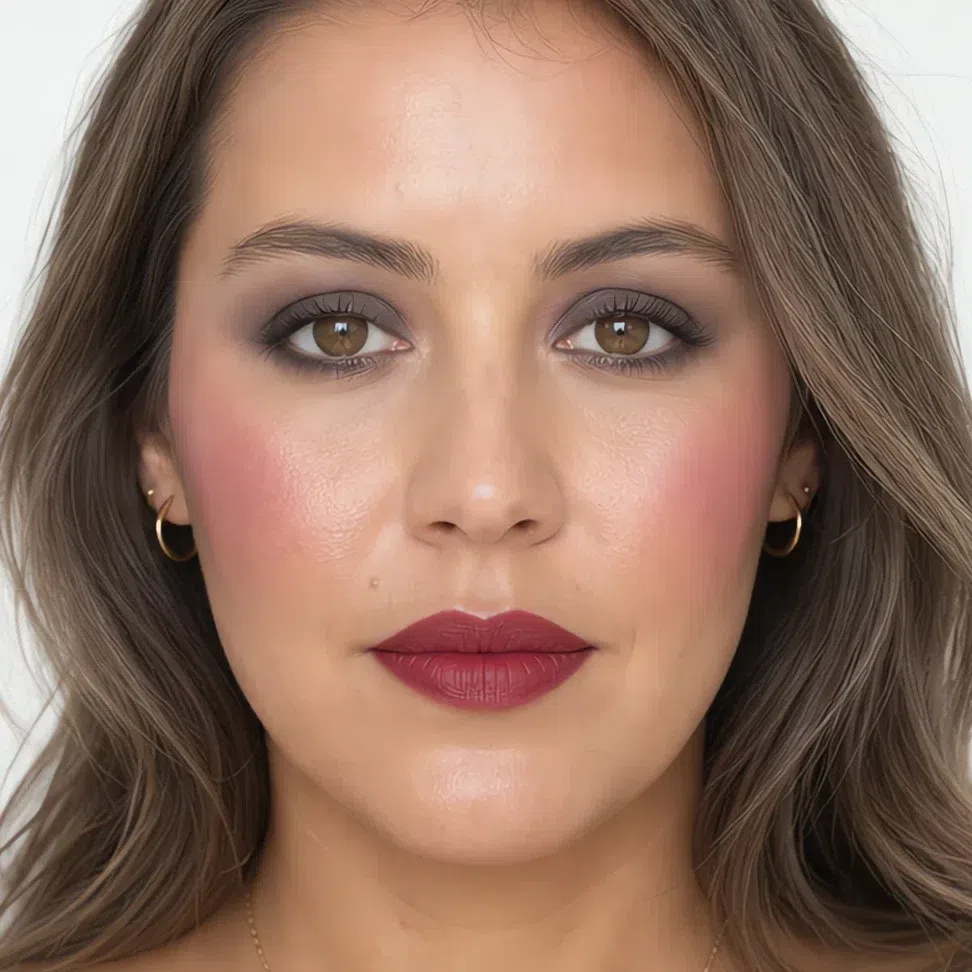 A Soft Summer face wearing full evening makeup with graphite smoke and a muted cherry lip