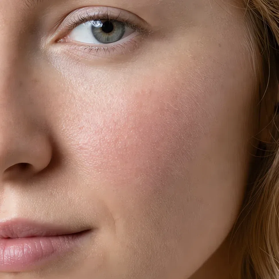 Muted rose blush blended high on a fair cheek