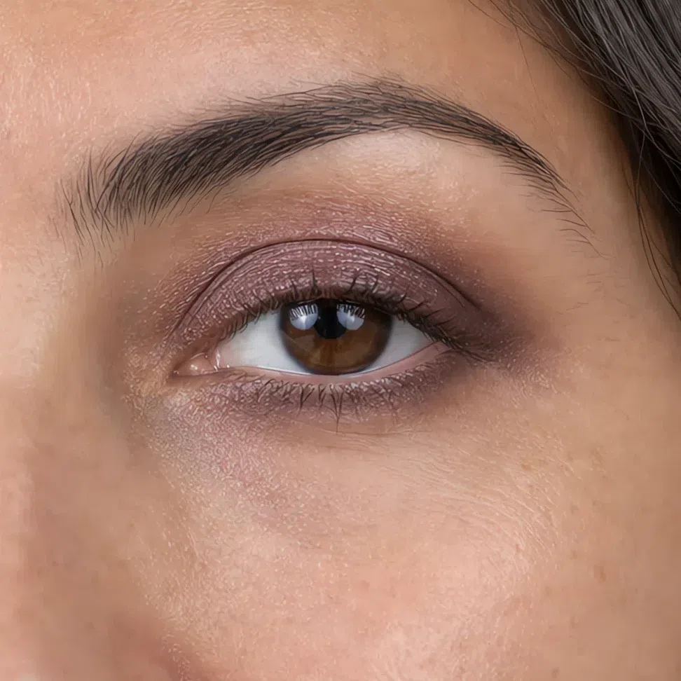 Plum shimmer shadow diffused across the lid, no hard edge