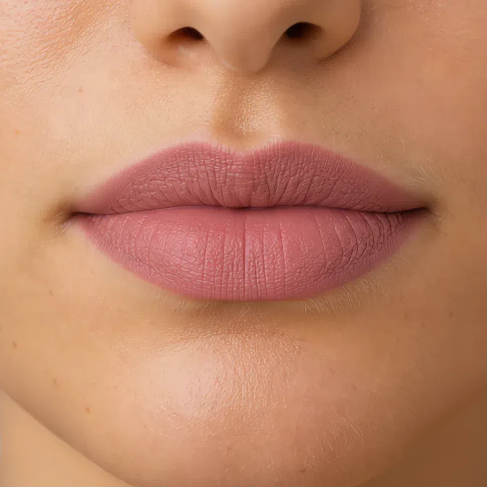 Dusty raspberry lipstick in a soft matte finish