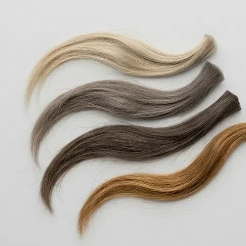 Four hair swatches running from ash blonde to warm golden brown