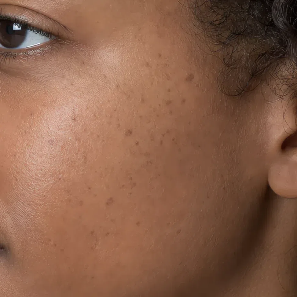 Cool ash-brown freckles on a deep Soft Summer complexion