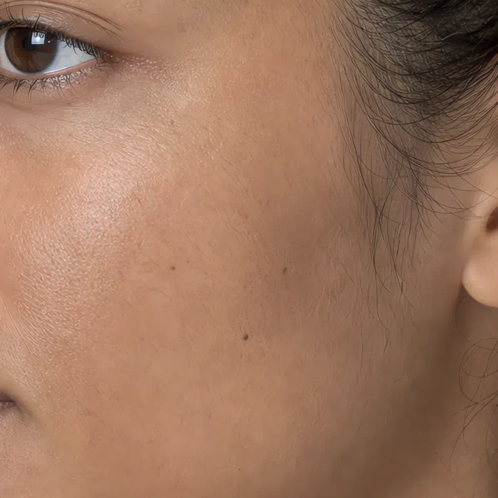 Evenly tanned Soft Summer skin on a medium complexion