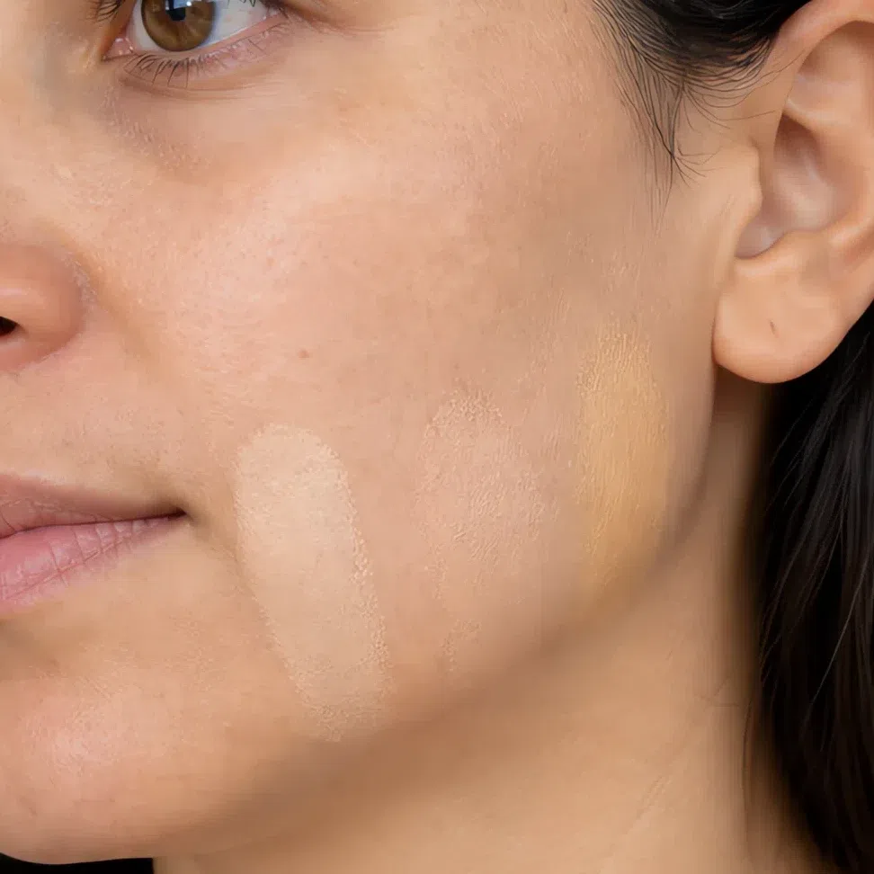 Three blended foundation stripes on the cheek and jaw, the middle one invisible and the outer two still showing