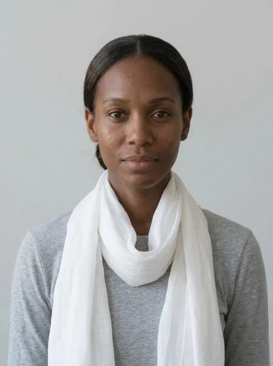 The Summer model with a detail shade on her scarf over a gunmetal top in Mallow