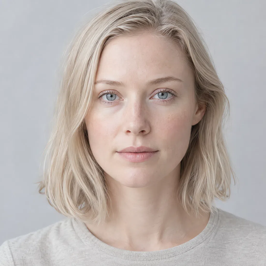 A fair Light Summer woman with ash blonde hair and light blue-gray eyes, in a plain gray top