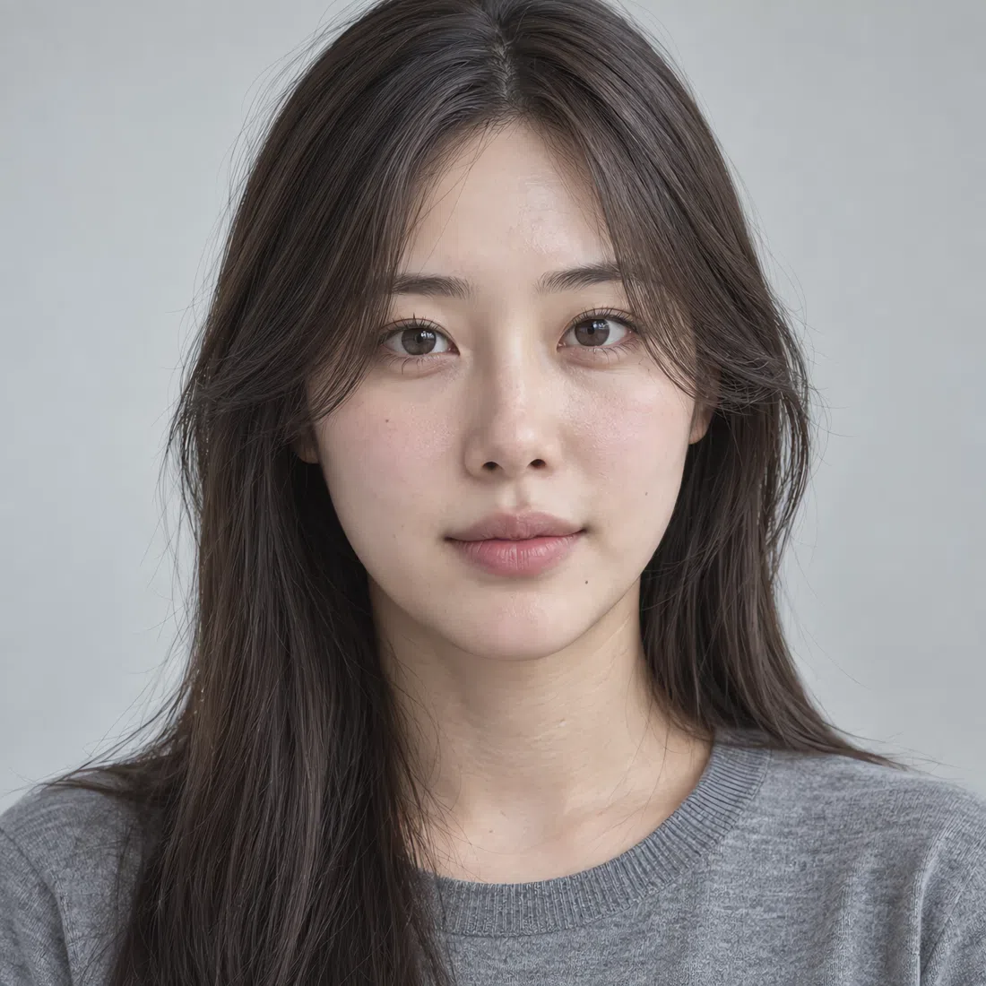 A Cool Summer woman with medium cool-beige skin, long straight near-black hair and dark eyes, in a plain gray top