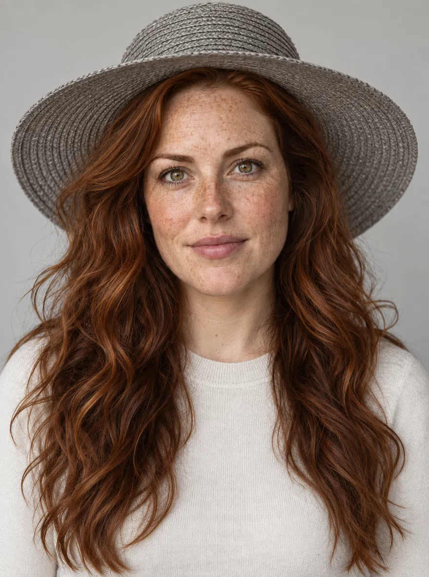 A wide-brim hat on a freckled, copper-haired Warm Autumn, recolored through the accents over a neutral knit
