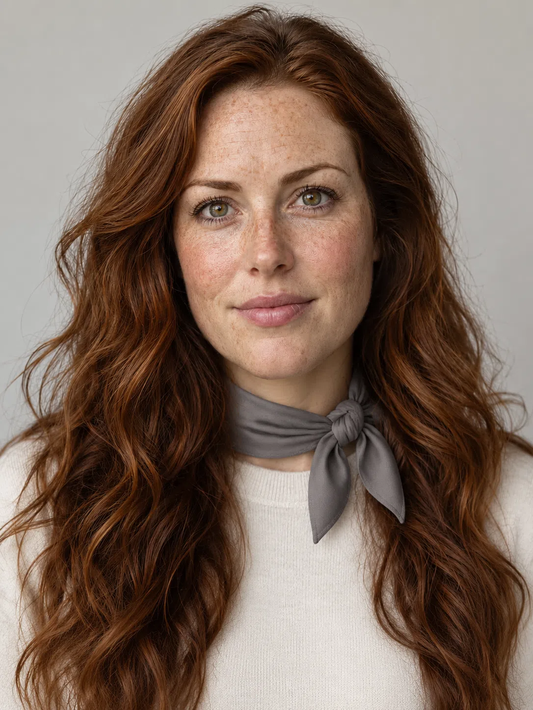 A small silk neck scarf on a copper-haired Warm Autumn, recolored through warm shades over a neutral knit