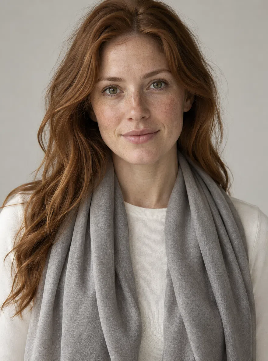 A copper-haired Warm Autumn with the accent shade painted onto her scarf and a pale knit underneath in Pumpkin